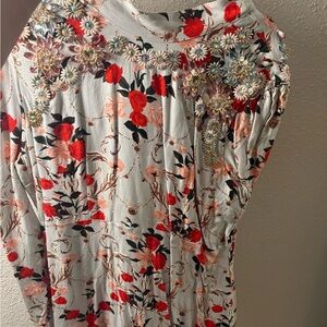 Topshop Red and White Floral Blouse with Embellishments
